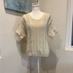 Cream Cable Knit Short-Sleeve Sweater homemade knit womens size xs ptp 17” L 24”